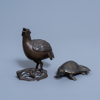 A Chinese bronze 'quail' censer and a gilt bronze model of a turtle, Qing