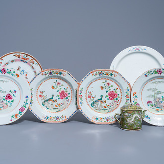 Six Chinese famille rose plates with floral design and a 'dragons' teapot, Qianlong and later
