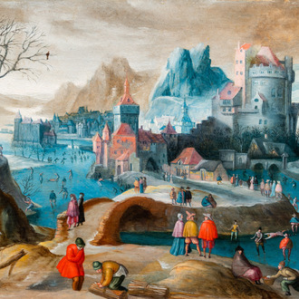 Flemish school: Winter landscape with skaters on the ice and a city in the background, oil on panel, 16th C.
