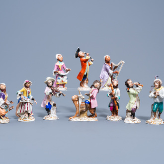 A twelve-piece monkey orchestra in polychrome decorated Saxon porcelain, Volkstedt mark, 20th C.