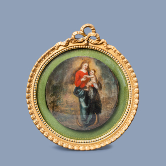 Flemish school: Madonna and Child on a crescent moon, oil on panel, 18th C.
