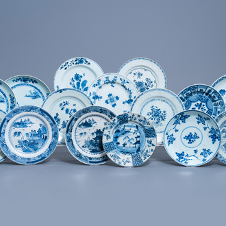 A varied collection of Chinese blue and white plates and dishes, Kangxi/Qianlong