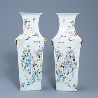 A pair of square Chinese qianjiang cai vases with landscapes and Immortals, 19th/20th C.