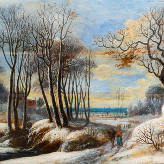 Flemish school: Snow landscape with market-goers, oil on panel, 17th C.