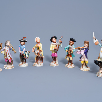 An eight-piece monkey orchestra in polychrome decorated Saxon porcelain, Volkstedt mark, 20th C.
