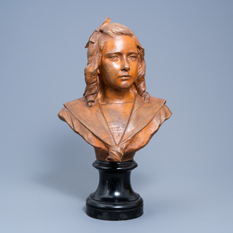 Alphonse I Van Beurden (1854-1938): Portrait bust of a girl, patinated terracotta on a wood base, dated 1895