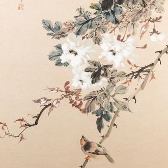 Chinese school: Birds among blossoming branches, ink and colours on paper, 20th C.