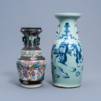 A Chinese Nanking crackle glazed famille rose 'warrior' vase and a blue and white celadon ground vase with figures in a landscape, 19th C.