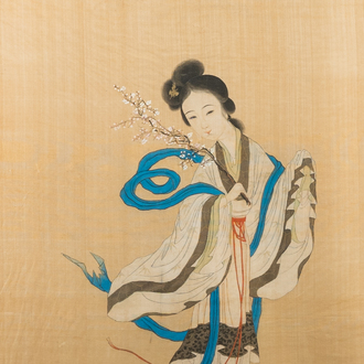 Chinese school: A nymph holding flowers in her hand, ink and colours on silk, 19th C.