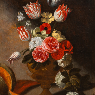 Michel Bouillon (active 1638-1674): Still life with flowers and melon, oil on canvas, 17th C.