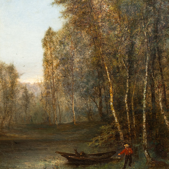 Alexander Wust (1837-1876): Man at the banks of the water at the edge of the woods, oil on canvas