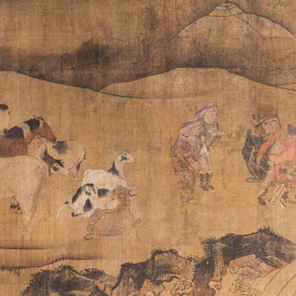 Chinese school: A mountain landscape with horses, goats and figures, ink and colours on canvas, most probably 18th C.