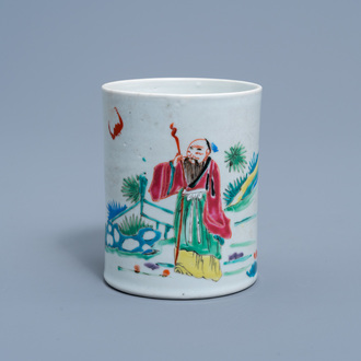 A Chinese famille rose brush pot with a figure in a landscape, Yongzheng