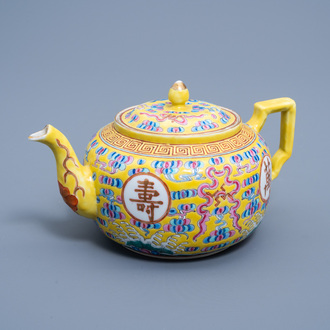 A Chinese famille rose yellow ground 'birthday' teapot and cover, Guangxu mark and probably of the period