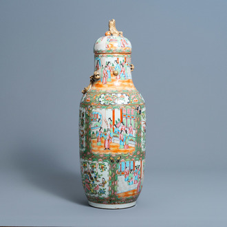 A Chinese Canton famille rose vase and cover with dragon relief design, 19th C.