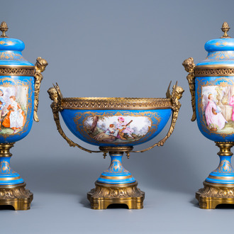 A French gilt bronze mounted 'bleu celeste' ground three-piece garniture with gallant scenes by Lepage, Sèvres mark, 19th/20th C.