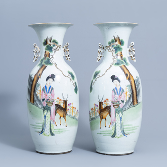 A pair of Chinese famille rose 'Magu and deer' vases, 19th/20th C.