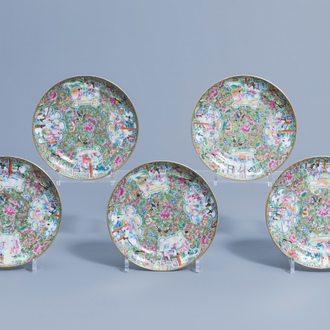 Five Chinese Canton famille rose plates, 19th C.