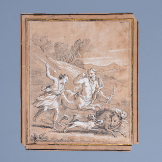 Flemish school: The training of Achilles or Achilles and Chiron, mixed media on paper, 17th/18th C.