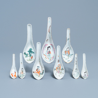 Nine Chinese famille rose and qianjiang cai spoons with figures, 19th/20th C.