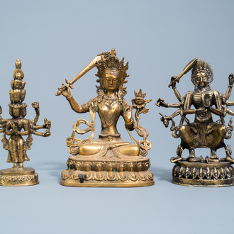 Three Sino-Tibetan bronze figures of deities, 19th/20th C.