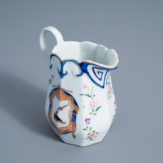A Chinese famille rose English market export porcelain armorial jug with floral design, Qianlong/Jiaqing