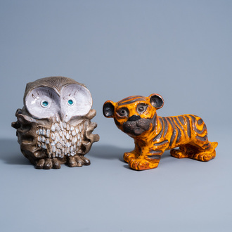 A tiger and an owl in polychrome glazed terracotta, Vandeweghe for Perignem, second half of the 20th C.