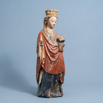 In the manner of the Master of Elsloo: A carved wood and polychrome decorated Virgin and Child, possibly Gelderland, ca. 1500