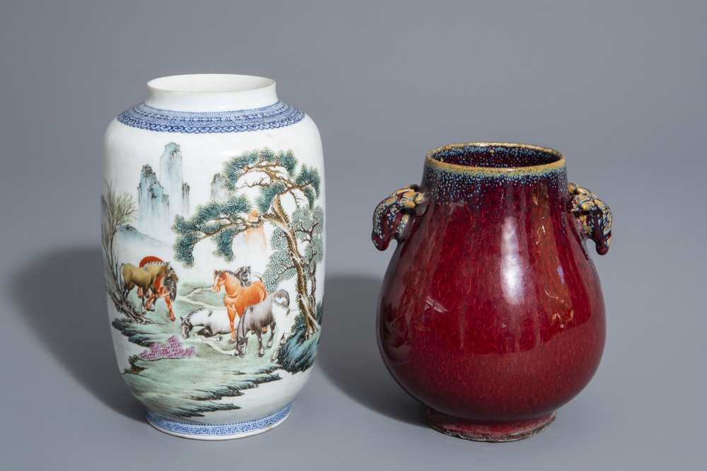 Chinese Old Marked Famille Rose Horses and Monkey Pattern Porcelain Jar 