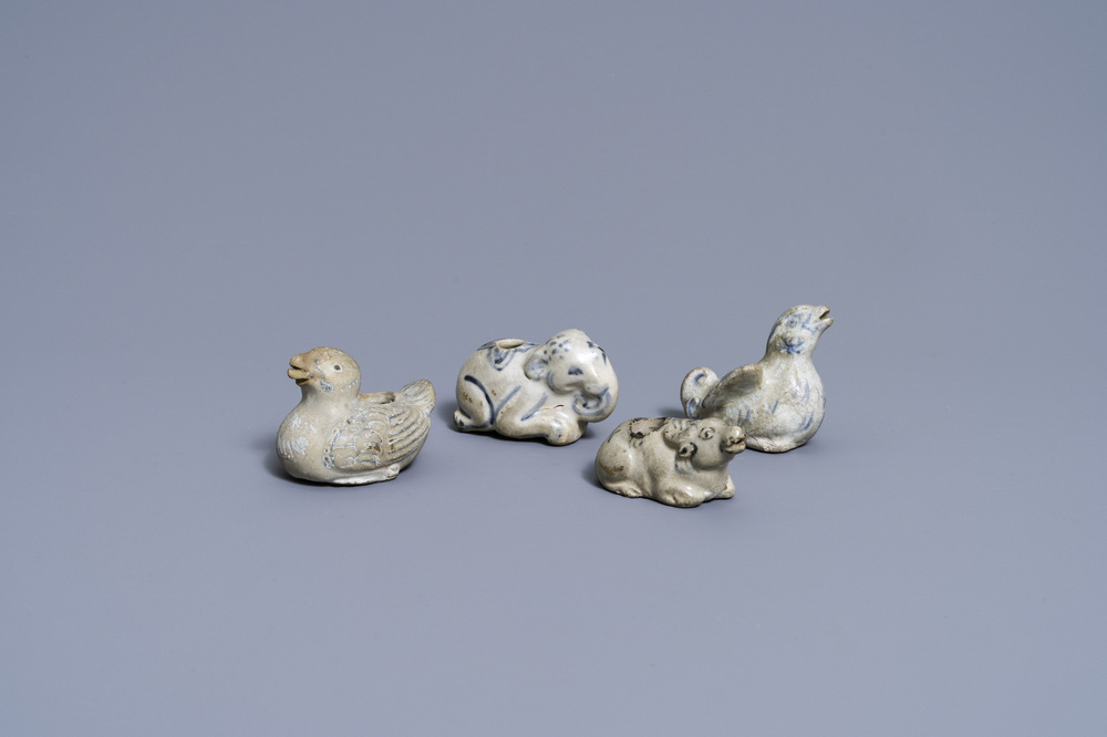 Four Vietnamese or Annamese blue and white water droppers in the shape of animals, 16th/17th C.