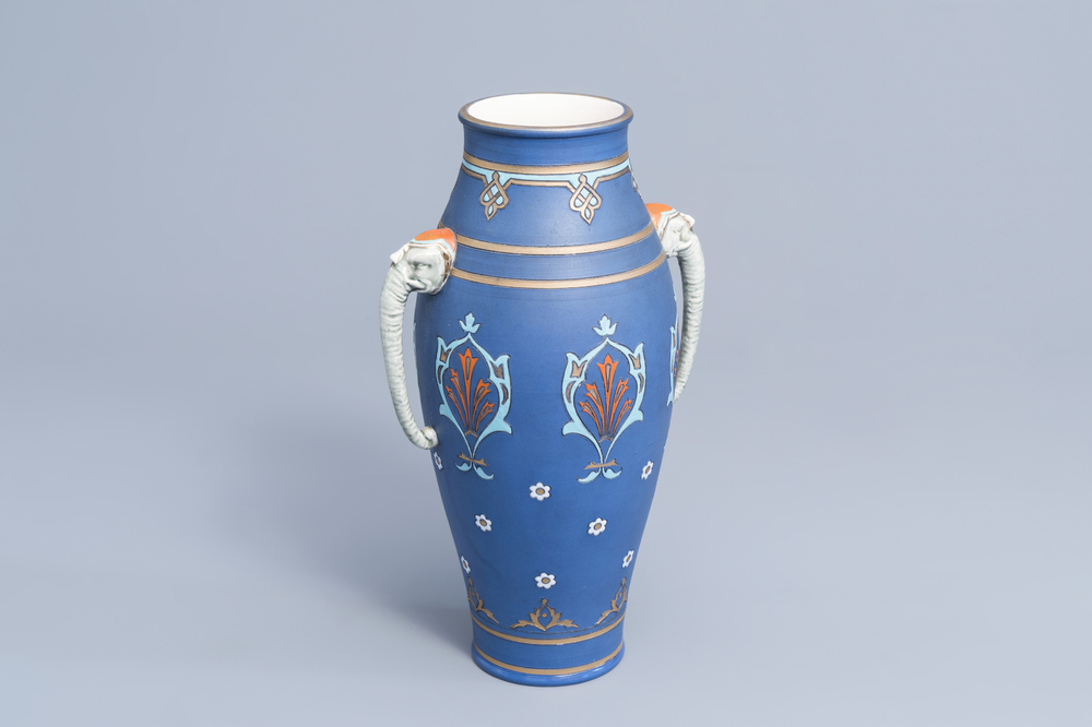 A Mettlach blue ground elephant mask vase with floral design, Villeroy &amp; Boch, first half of the 20th C.