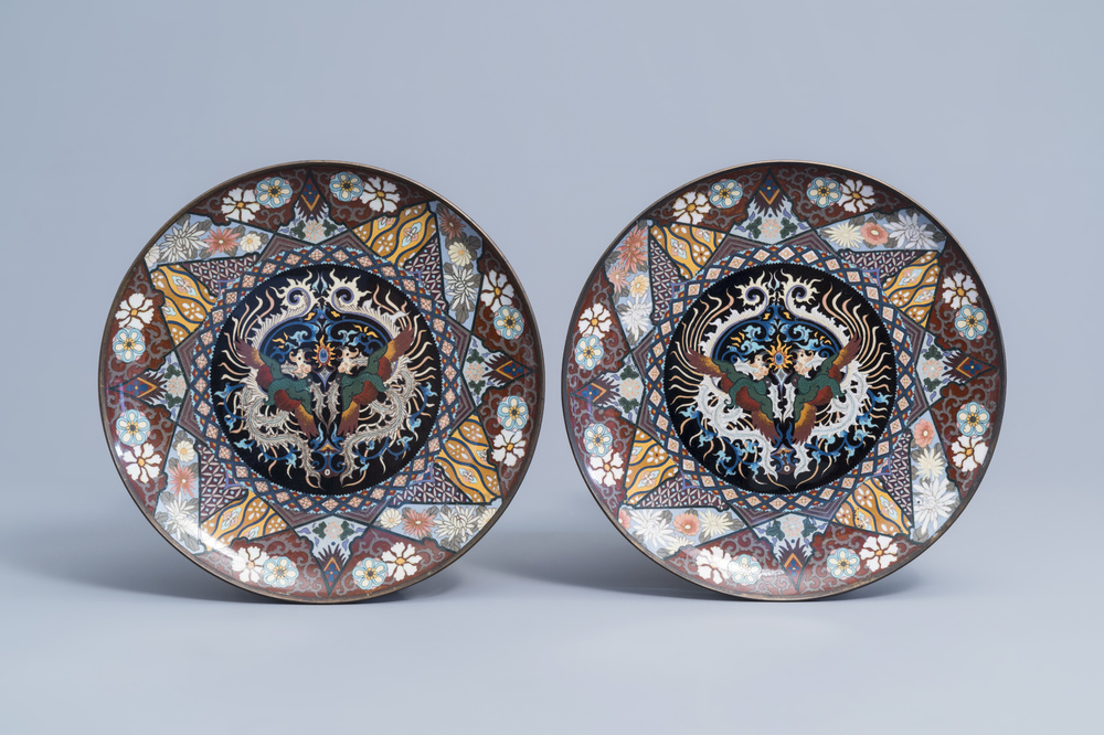 A pair of Japanese cloisonn&eacute; chargers with phoenix and floral design, Meiji, 19th/20th C.