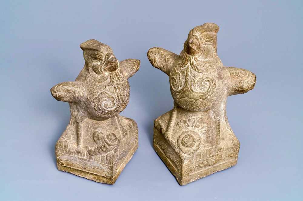 Two large Chinese carved stone 'phoenix' figures, Yuan or Ming