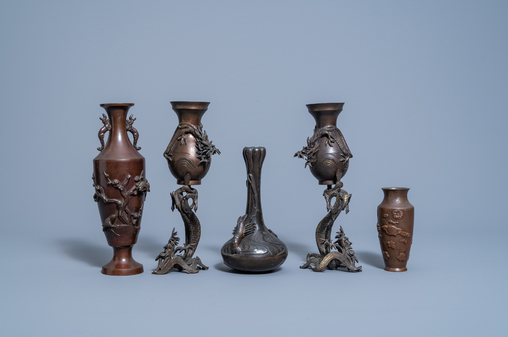 Five Japanese bronze vases with animal relief design, Meiji, 19th/20th C.