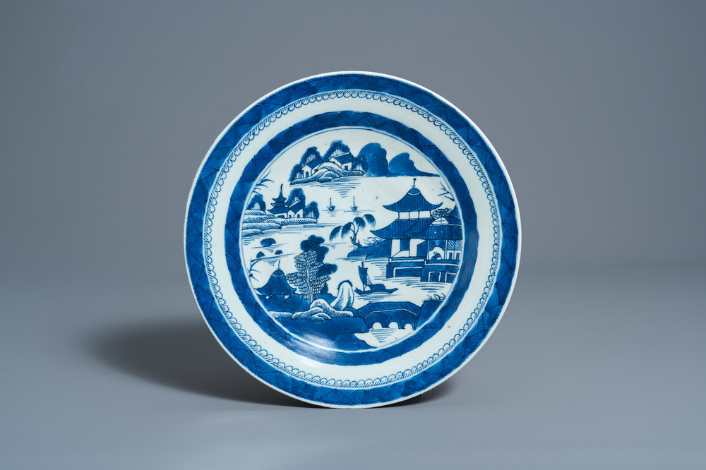 A Chinese blue and white charger with a river landscape, Jiaqing