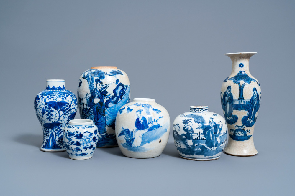 Six various Chinese blue and white vases and jars with figures in a landscape and floral design, 19th/20th C.
