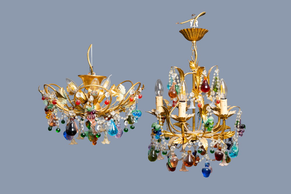 An Italian Murano glass fruit gilt five-light chandelier and a ceiling light, 20th C.