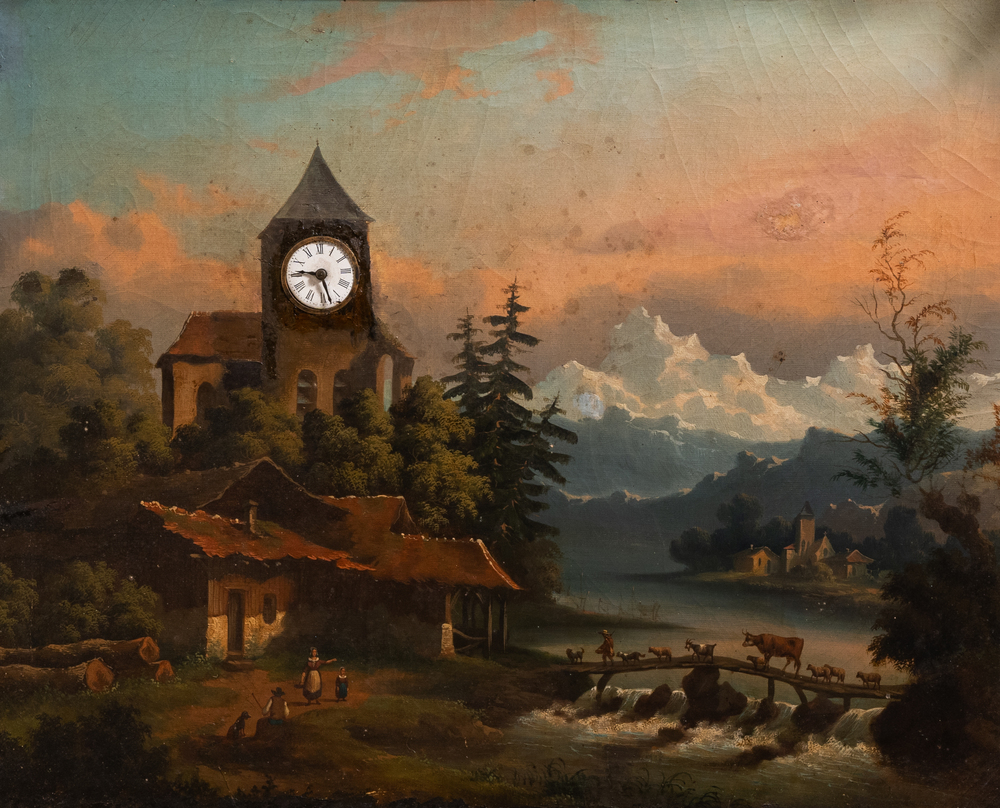 A Black Forest musical clock painting with an animated mountain landscape, Switzerland, 19th C.