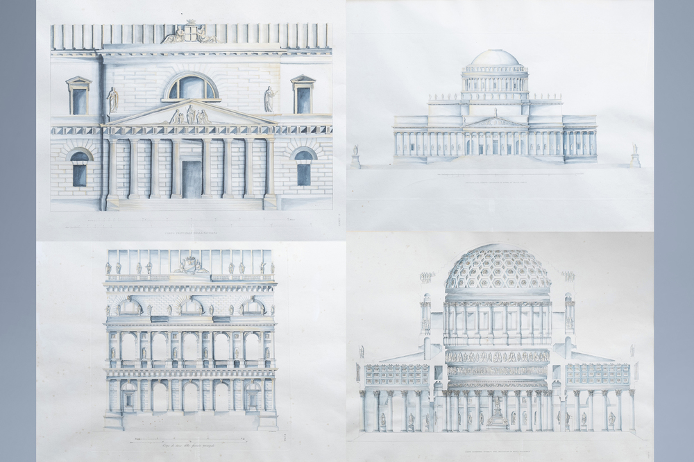 Italian school: An interesting series of four architectural hand-coloured engravings, 19th C.