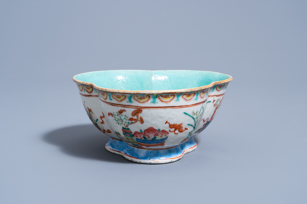 A three-lobed Chinese famille rose 'antiquities' bowl, Daoguang mark and of the period