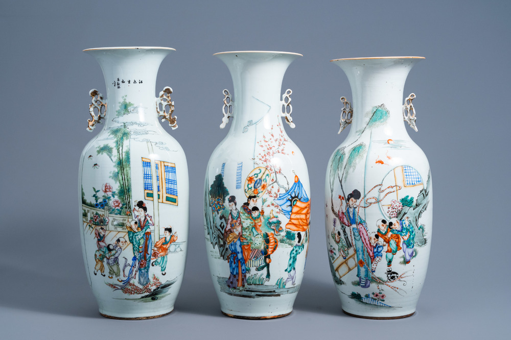 Three various Chinese qianjiang cai vases with figurative design, 19th/20th C.