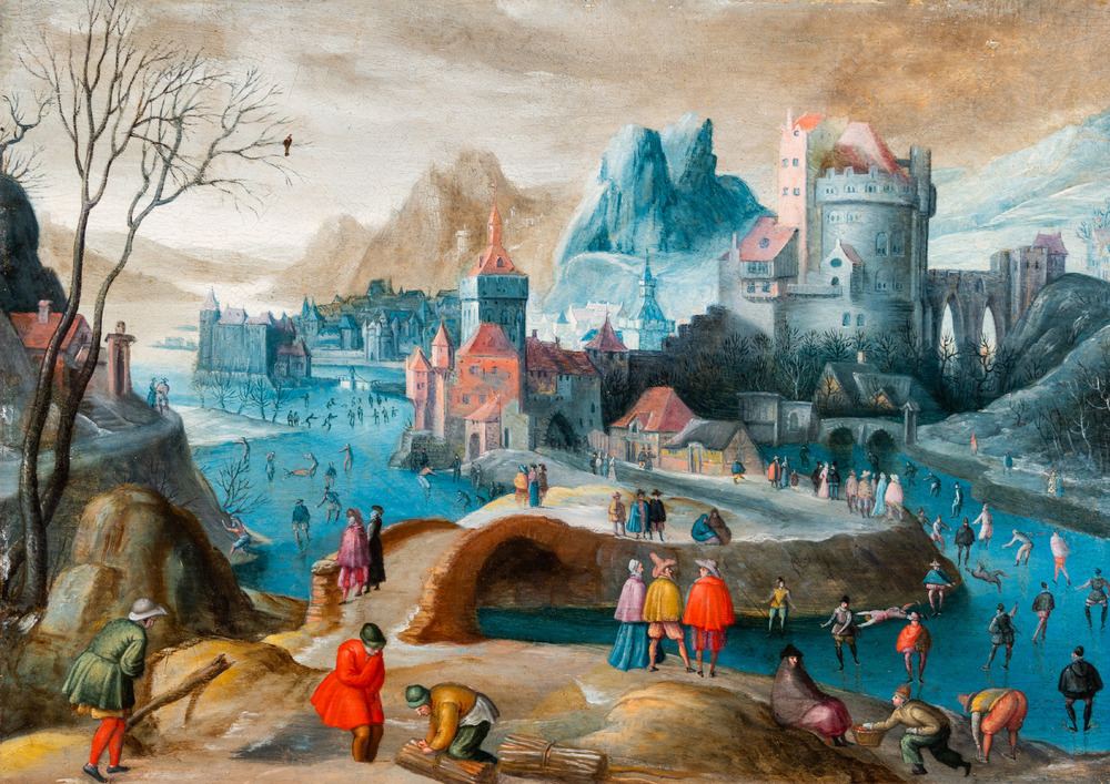 Vlaamse school: Winterlandschap met schaatsers op het ijs en een stad op de achtergrond, olie op paneel, 16de eeuw