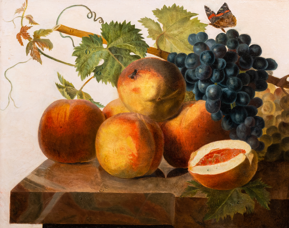 Christiaen Van Pol (1752-1813): Nature morte aux fruits et papillon, huile sur toile
